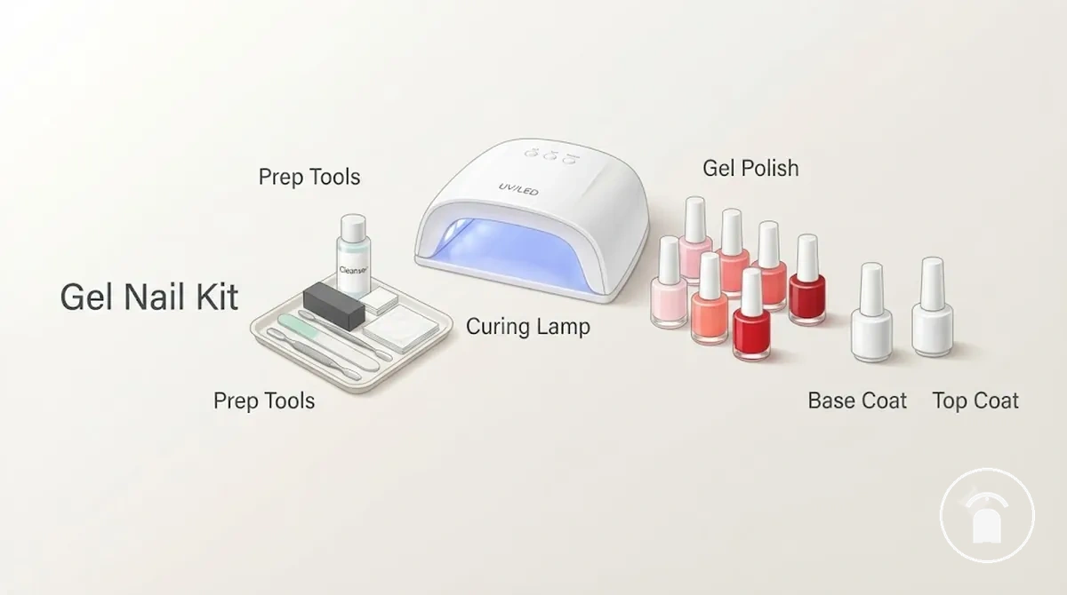 Ce à quoi sert un kit d’ongles en gel à la maison, illustré avec des éléments de kit pertinents