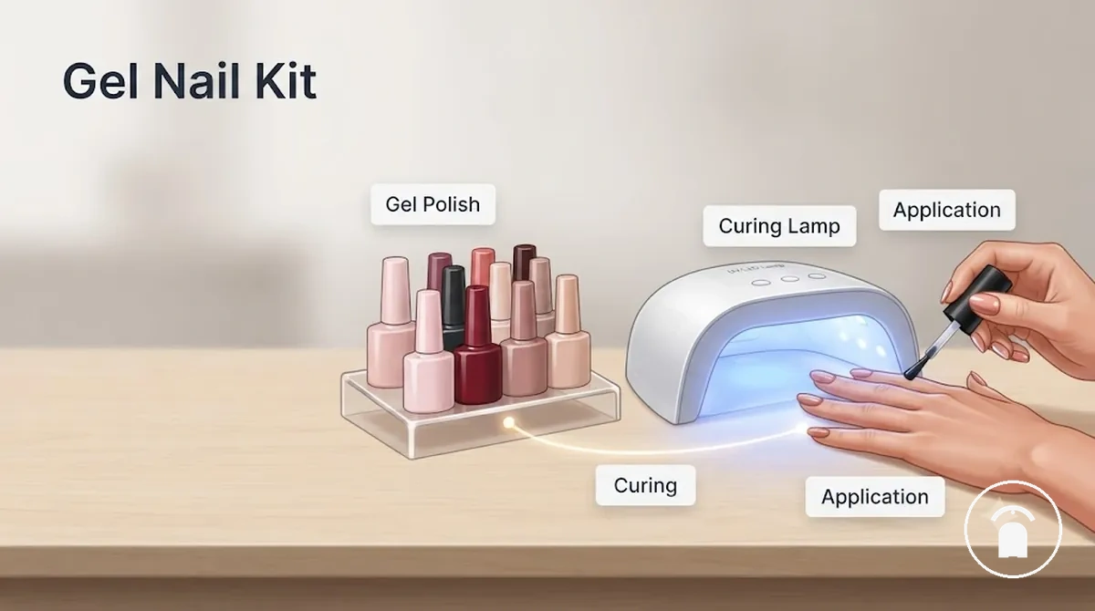 Processus de polymérisation d’un kit d’ongles en gel avec vernis gel et lampe
