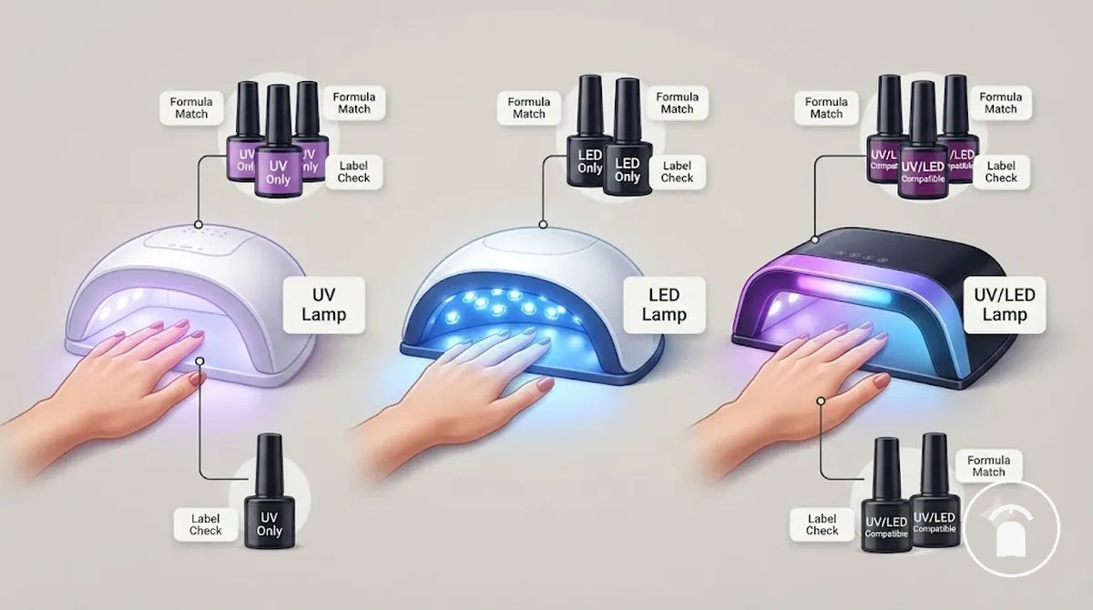 Comparaison des lampes UV, LED et UV/LED montrant les vérifications de compatibilité du vernis gel