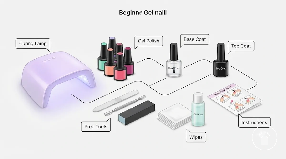 Contenu d’un kit d’ongles en gel de démarrage avec lampe, vernis, outils de préparation et articles de retrait