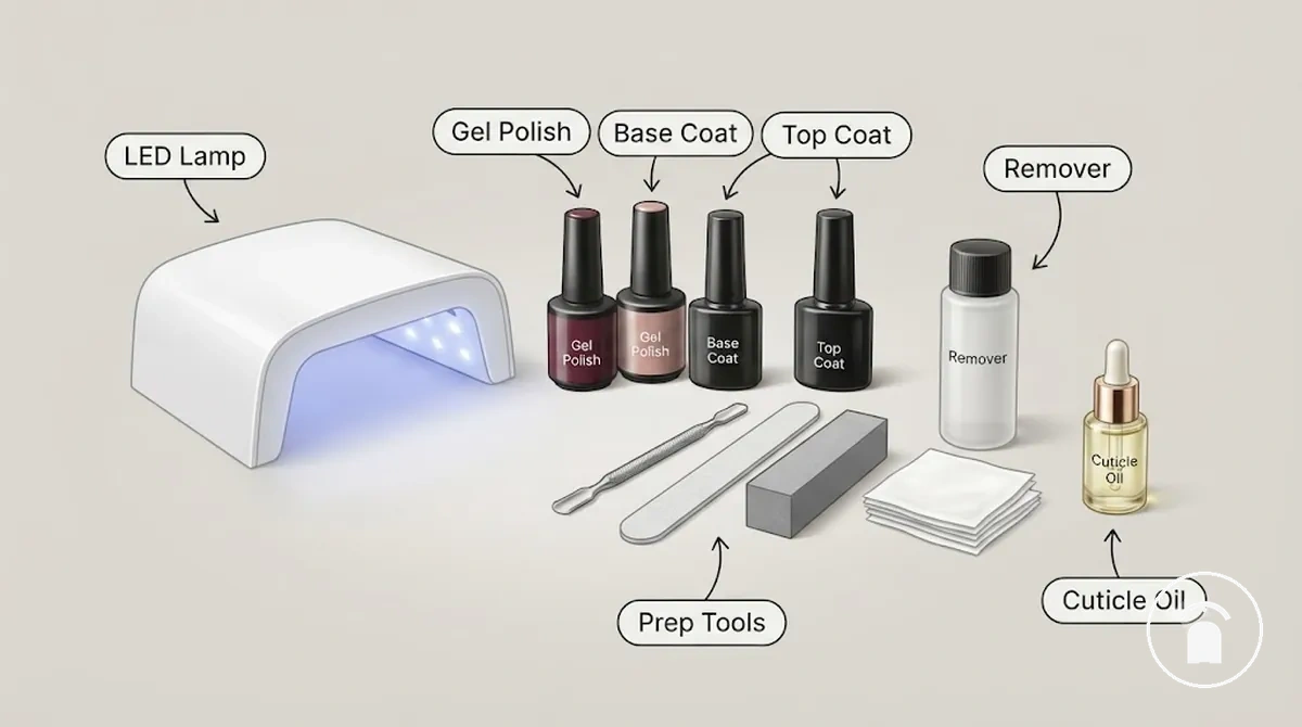 Kit d’ongles en gel montrant les composants inclus tels que lampe LED, vernis gel, base coat, top coat et outils de préparation