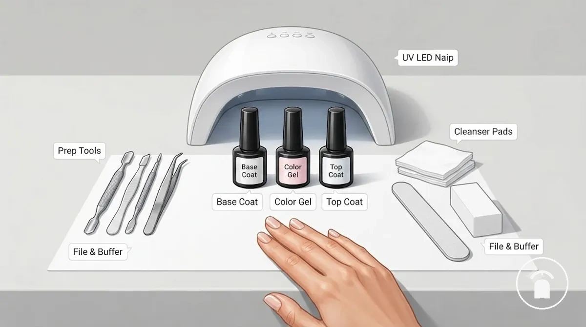 Kit d’ongles en gel disposé sur une surface de travail propre avec outils de préparation, lingettes nettoyantes, flacons de vernis gel et une lampe de polymérisation