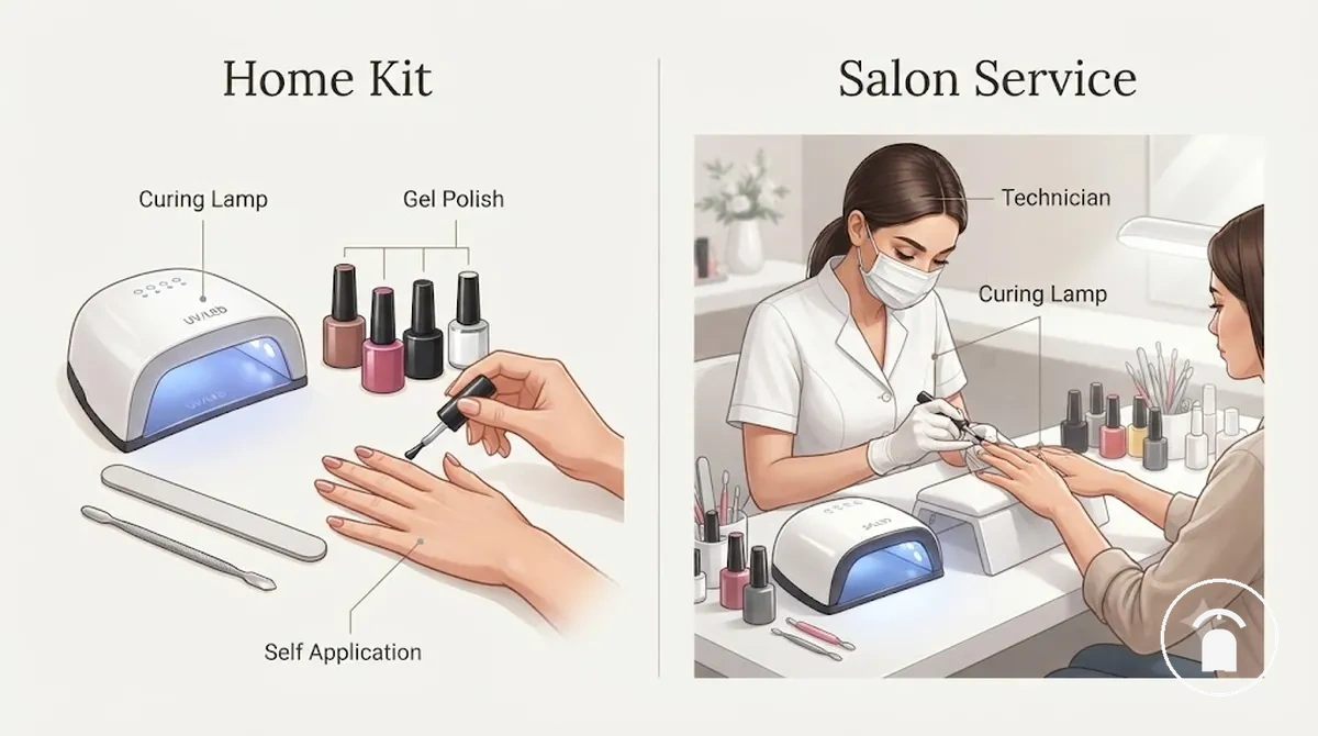 Composants d’un kit d’ongles en gel à la maison comparés à une installation de manucure en gel en institut