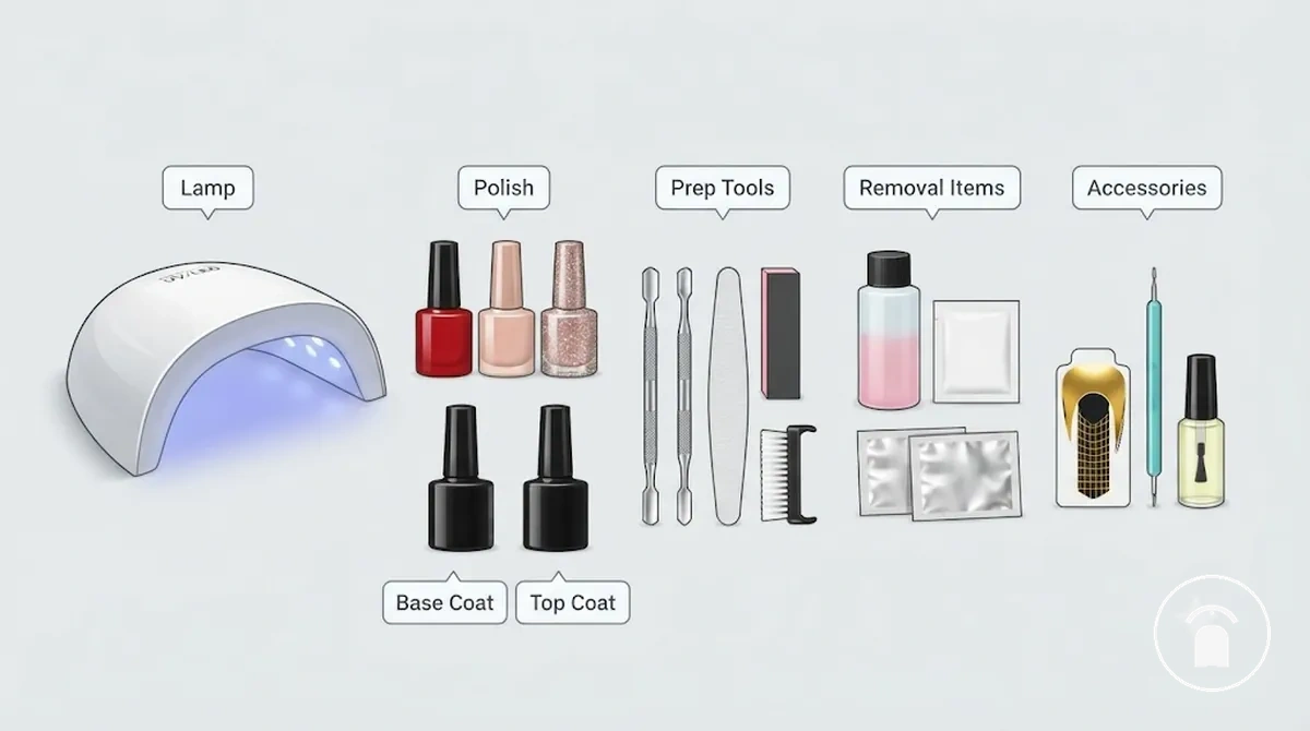 Composants d’un kit d’ongles en gel incluant lampe, vernis, couches, outils et accessoires avec leur effet sur la valeur