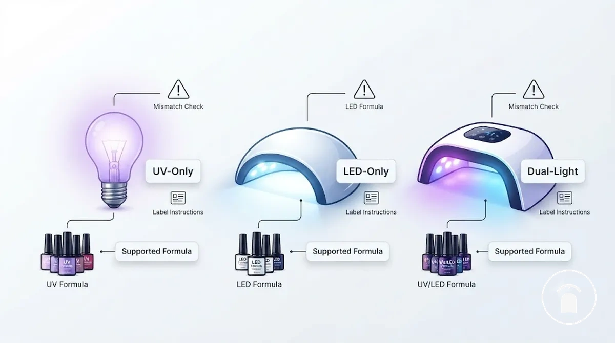 Graphique comparatif montrant les catégories de lampes UV uniquement, LED uniquement et à double lumière avec des indications de compatibilité de formule gel