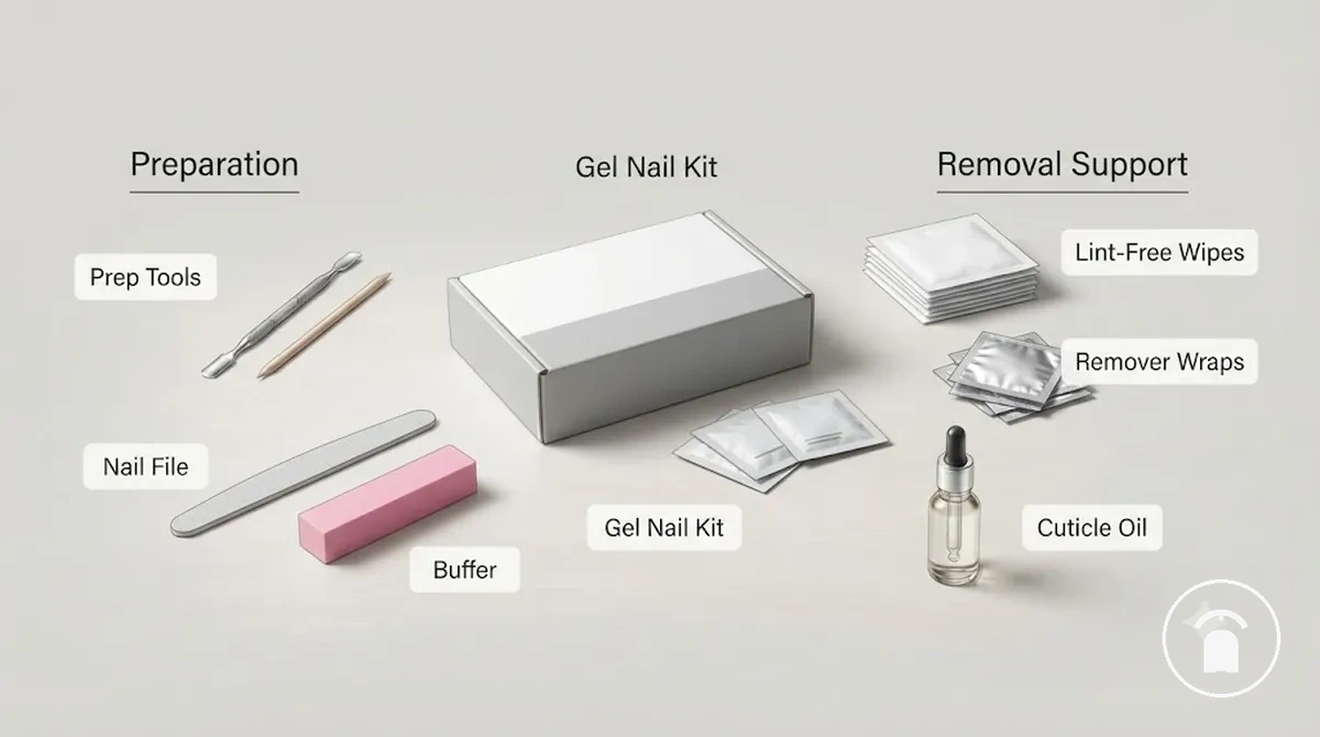 Articles de soutien d’un kit d’ongles en gel montrant lime, bloc polissoir, lingettes non pelucheuses, enveloppements de dissolvant, huile pour cuticules et outils de préparation
