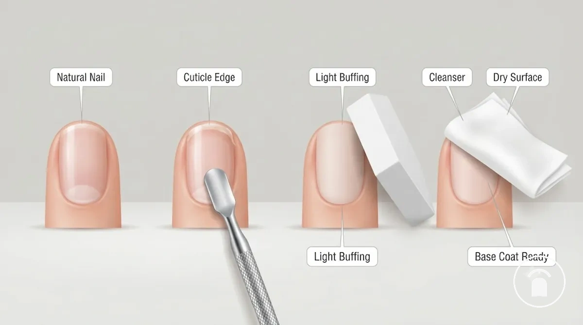 Préparation des ongles naturels à l’aide d’un repousse-cuticules, d’un bloc polissoir, d’un tampon nettoyant et d’un ongle propre et sec avant l’application du vernis gel