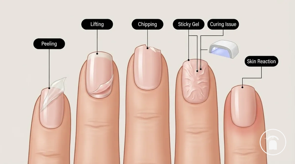 Problèmes d’un kit d’ongles en gel montrant un vernis soulevé, un bord endommagé et un gel en cours de catalysation sous une lampe