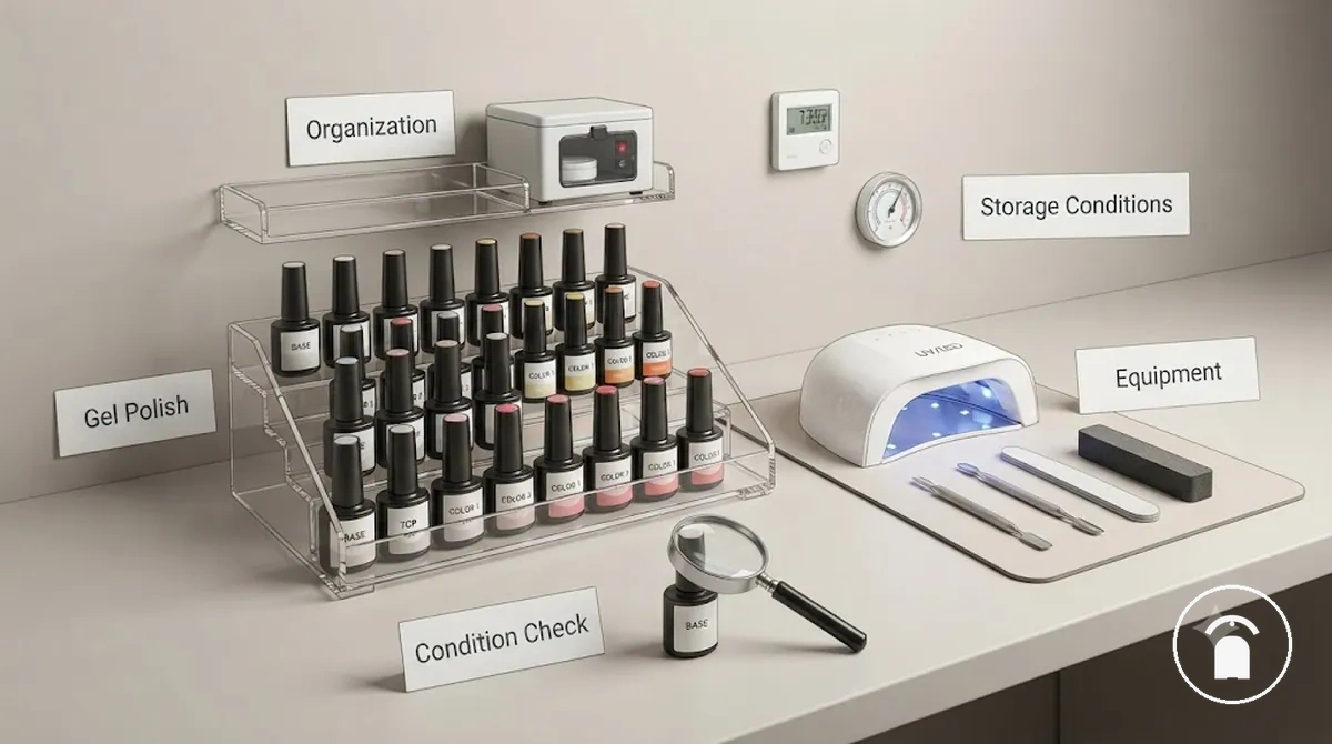 Flacons de vernis gel, équipement du kit dongles et accessoires rangés dans un espace d entretien propre