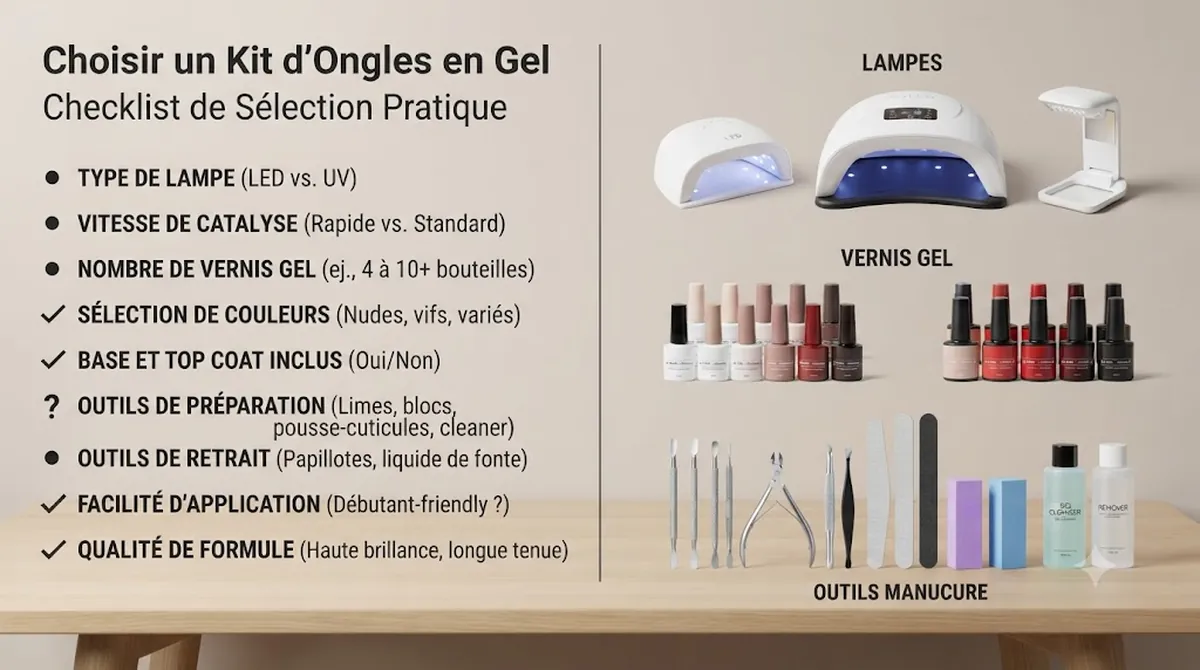 Checklist de comparaison pour kits d’ongles en gel à côté de différentes options de lampe, vernis et outils