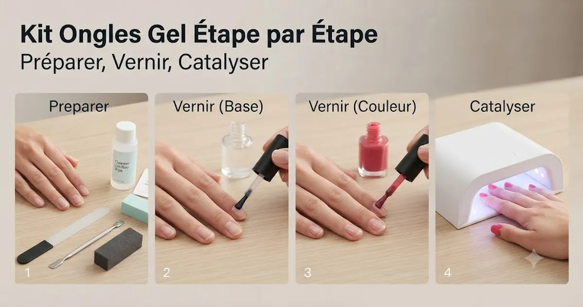 Application étape par étape d’un kit d’ongles en gel avec outils de préparation, couches de vernis et lampe de catalysation