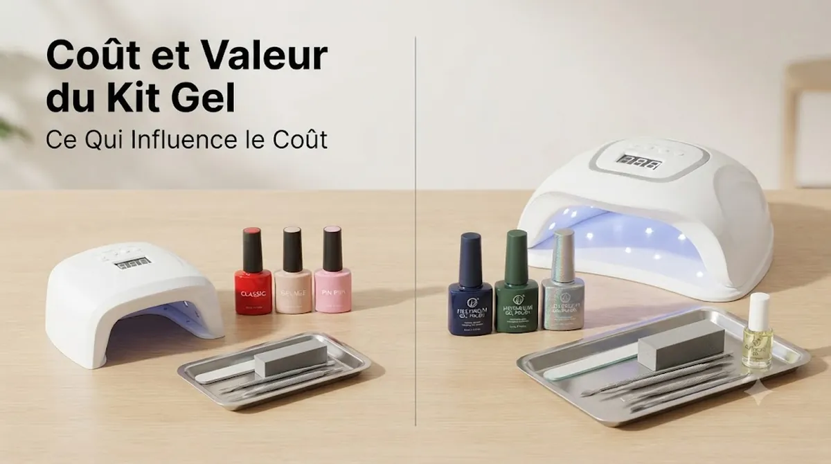 Parties d’un kit d’ongles en gel classées par valeur, avec lampe, vernis colorés et accessoires de manucure