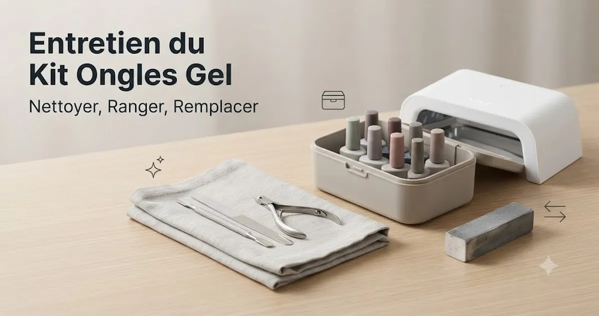 Entretien d’un kit d’ongles en gel avec outils nettoyés, flacons de vernis rangés, lampe et trousse de rangement