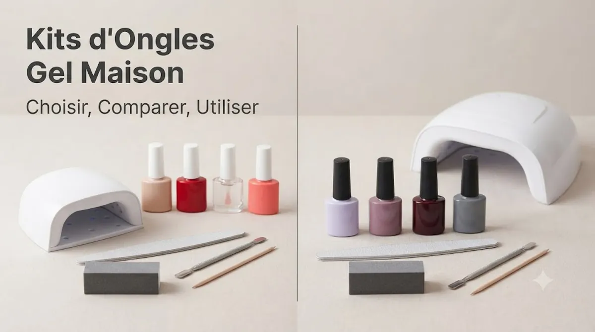 Kit d’ongles en gel pour la maison avec lampe, flacons de vernis gel et outils de manucure disposés ensemble