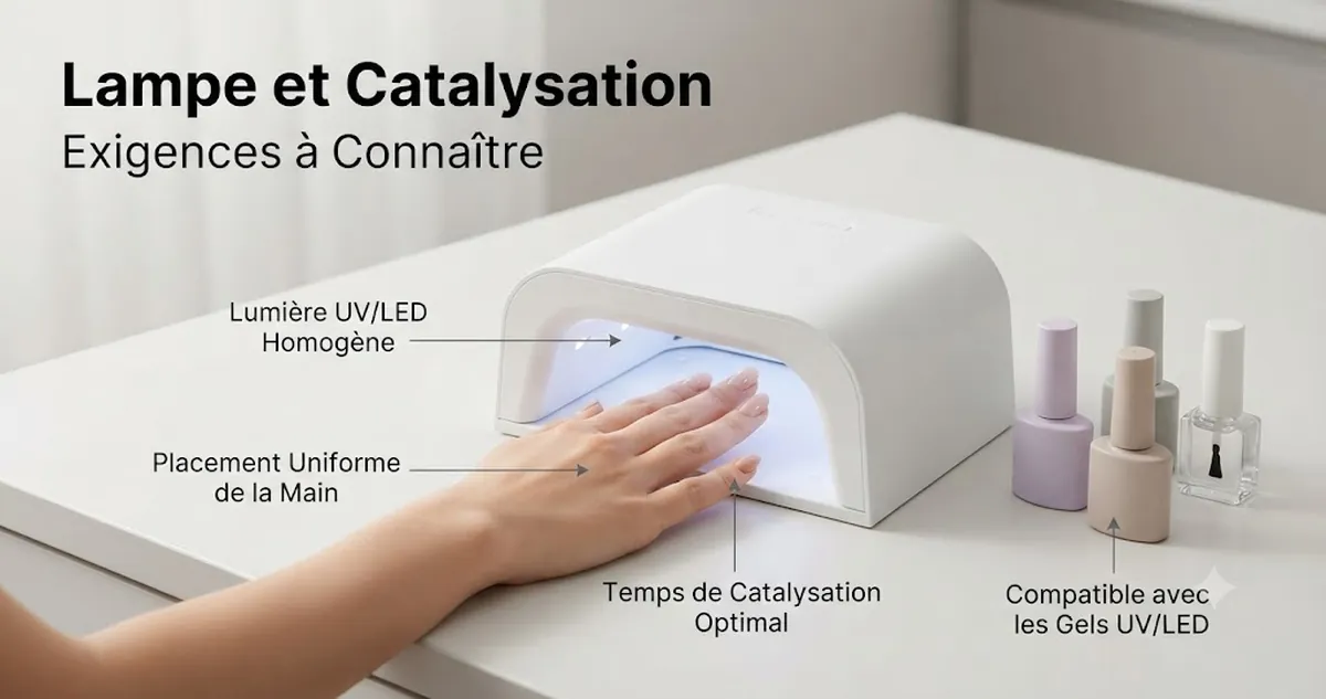 Lampe de catalysation pour ongles en gel avec flacons de vernis gel et une main placée sous la lampe