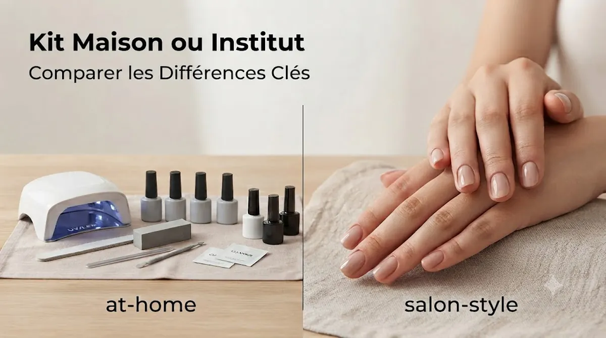 Kit d’ongles en gel pour la maison à côté d’une manucure gel terminée avec un rendu d’institut