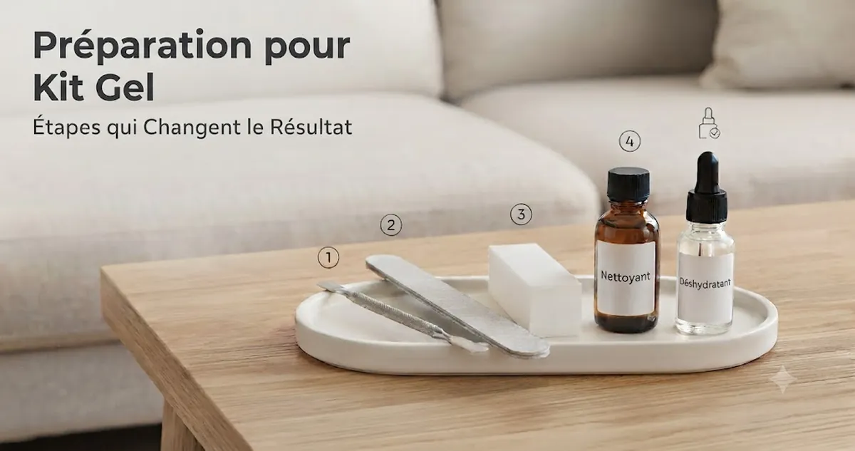 Outils de préparation pour kits d’ongles en gel, avec bloc polissoir, lime, cleaner, déshydratant et repousse-cuticules
