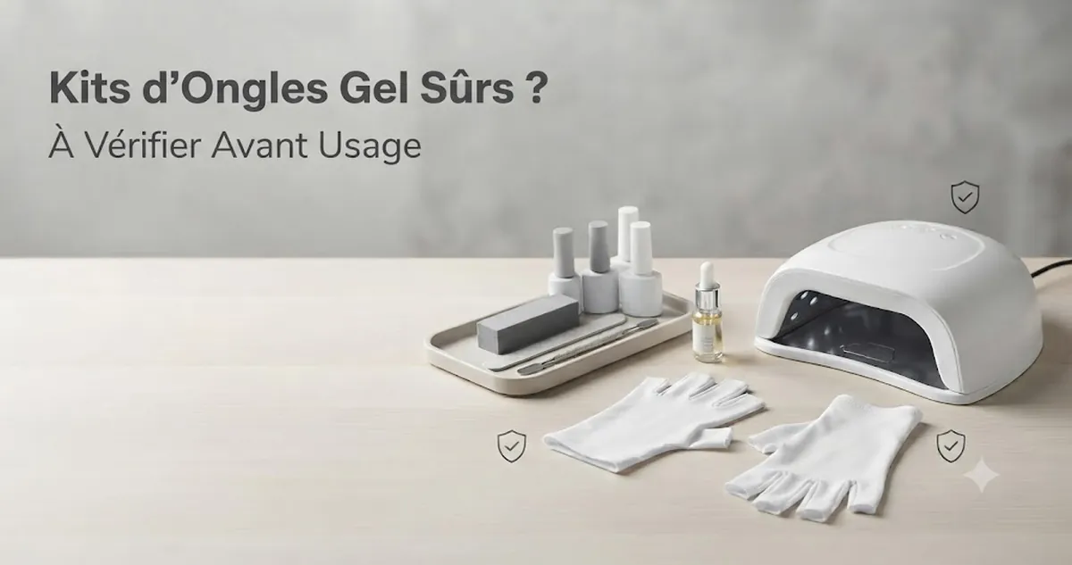 Préparation sûre d’un kit d’ongles en gel avec lampe de catalysation, gants, huile pour cuticules et outils de manucure rangés