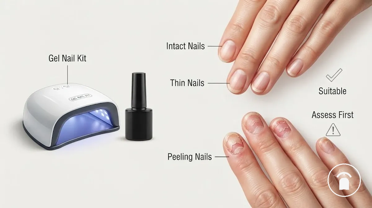 Kit de unhas em gel ao lado de unhas naturais fracas sendo examinadas antes da aplicação do esmalte em gel