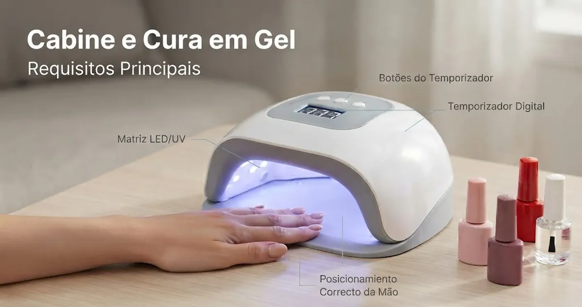 Cabine de cura para unhas em gel com esmaltes em gel e uma mão posicionada para a cura