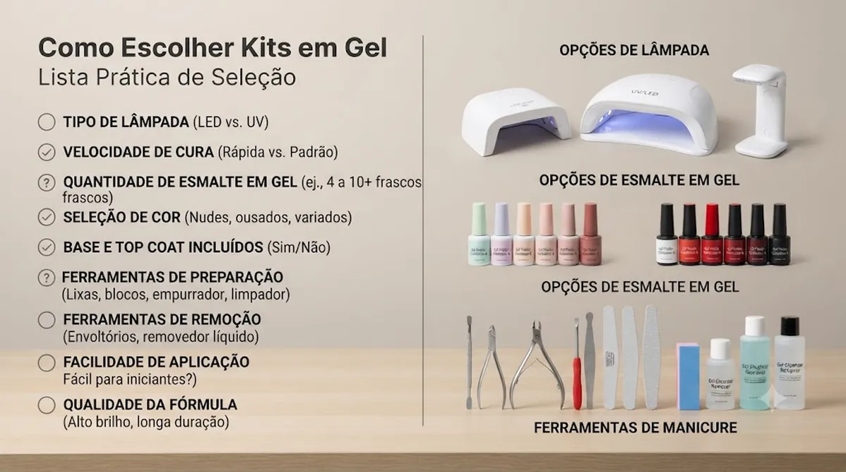 Lista de comparação para kits de unhas em gel ao lado de opções de cabine, esmalte e ferramentas