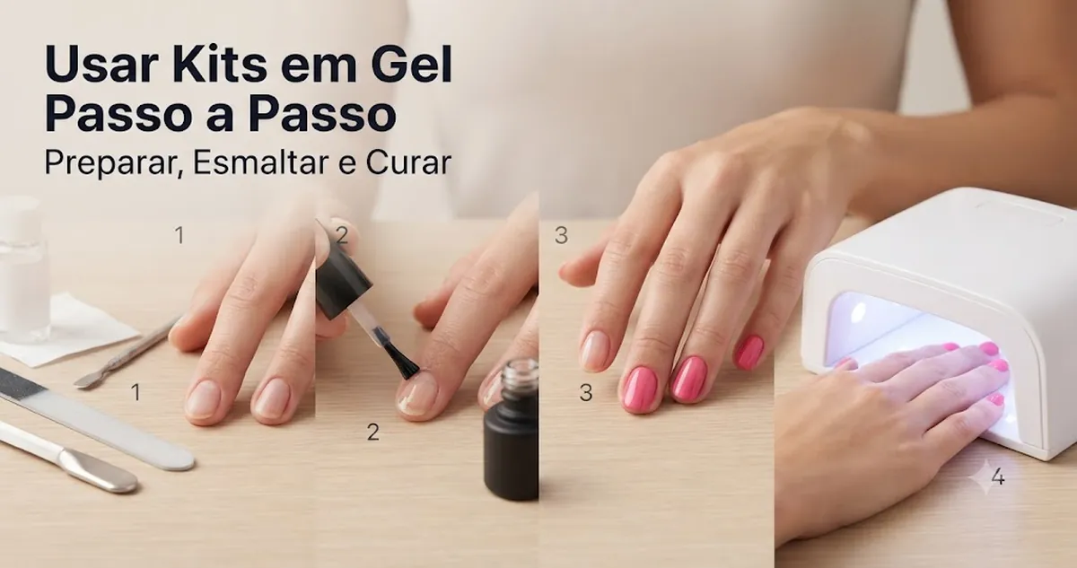 Aplicação passo a passo de um kit de unhas em gel com ferramentas de preparação, camadas de esmalte e cabine de cura