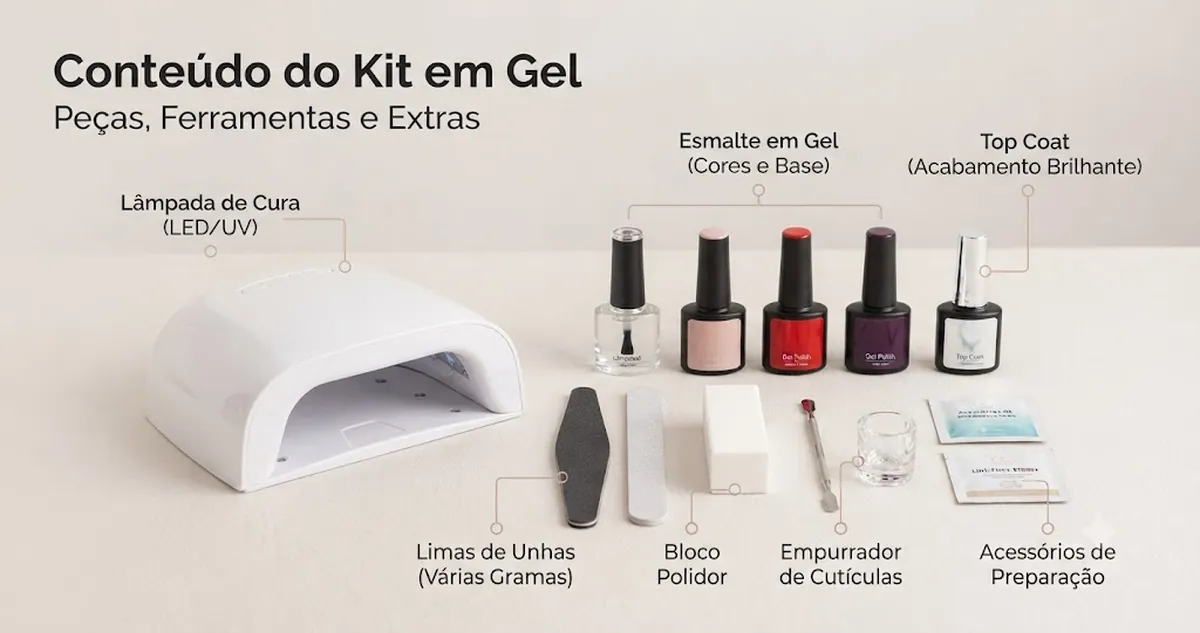 Kit de unhas em gel aberto com cabine de cura, esmaltes, lixas, blocos polidores e acessórios de preparação
