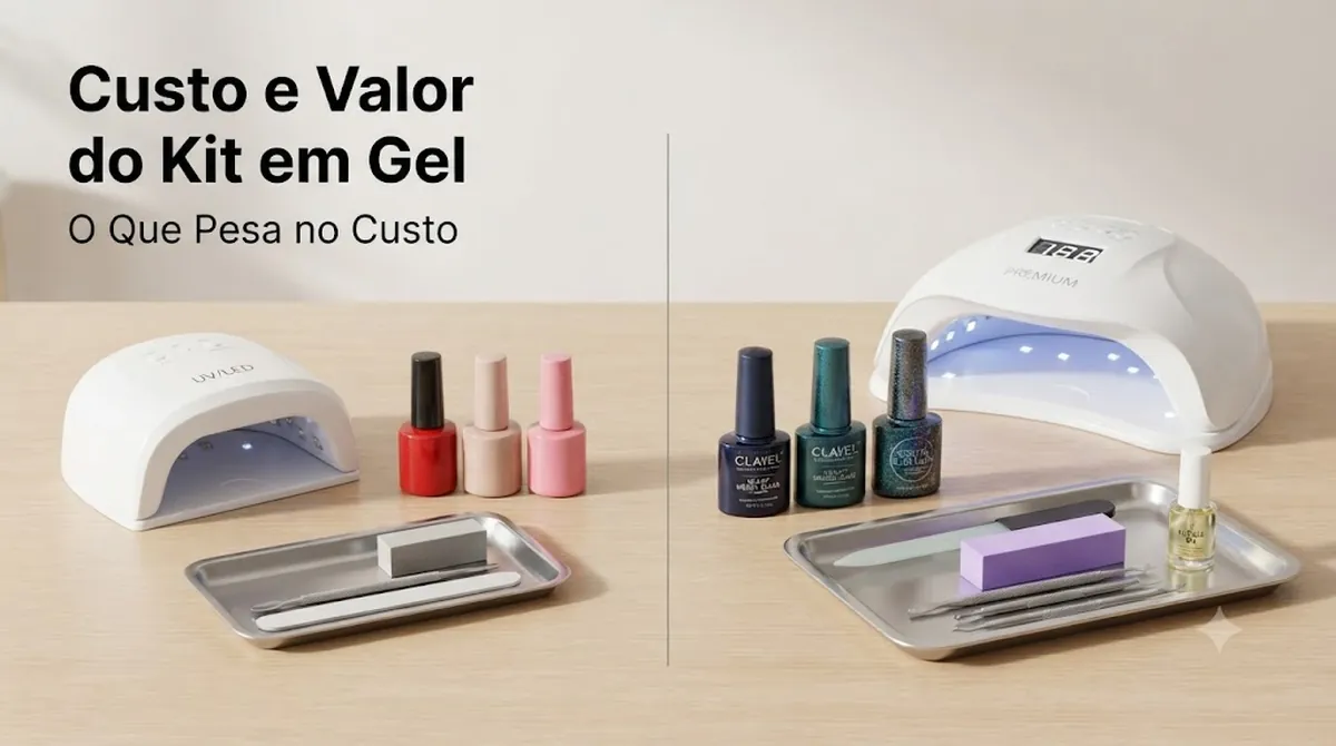 Partes de um kit de unhas em gel organizadas por valor, com cabine, esmaltes coloridos e acessórios de manicure