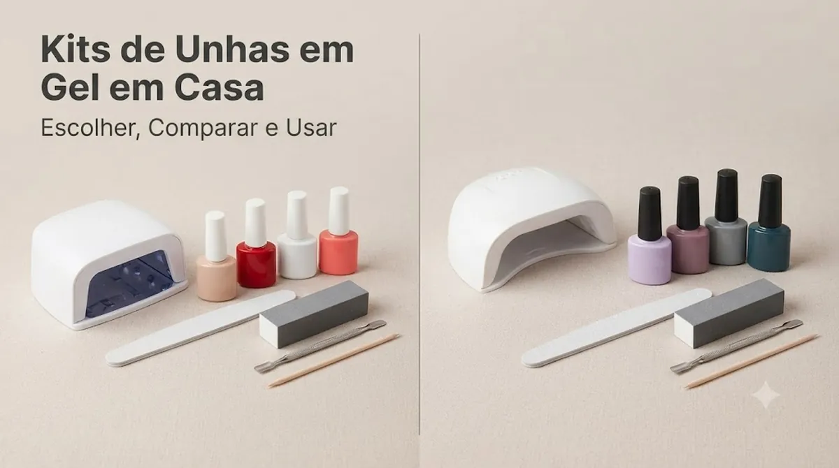 Kit de unhas em gel para casa com cabine, esmaltes em gel e ferramentas de manicure organizados juntos