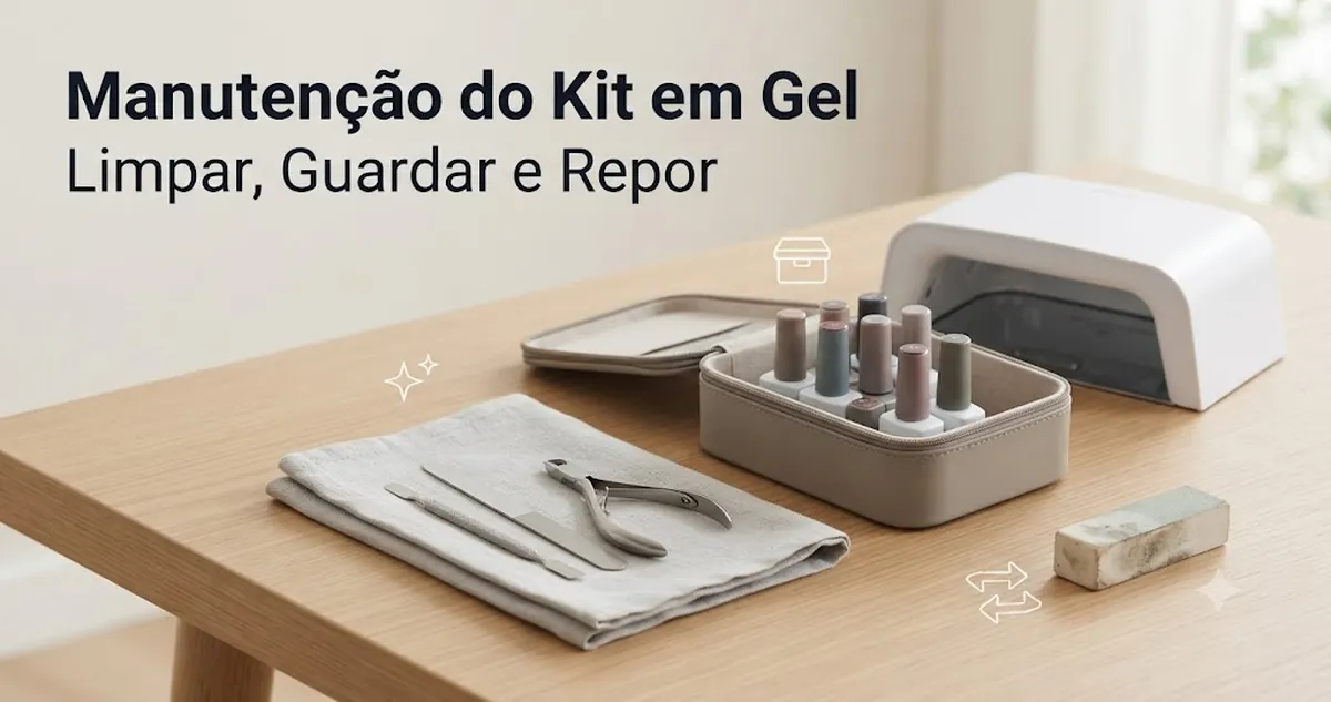 Manutenção de um kit de unhas em gel com ferramentas limpas, esmaltes organizados, cabine e estojo de armazenamento