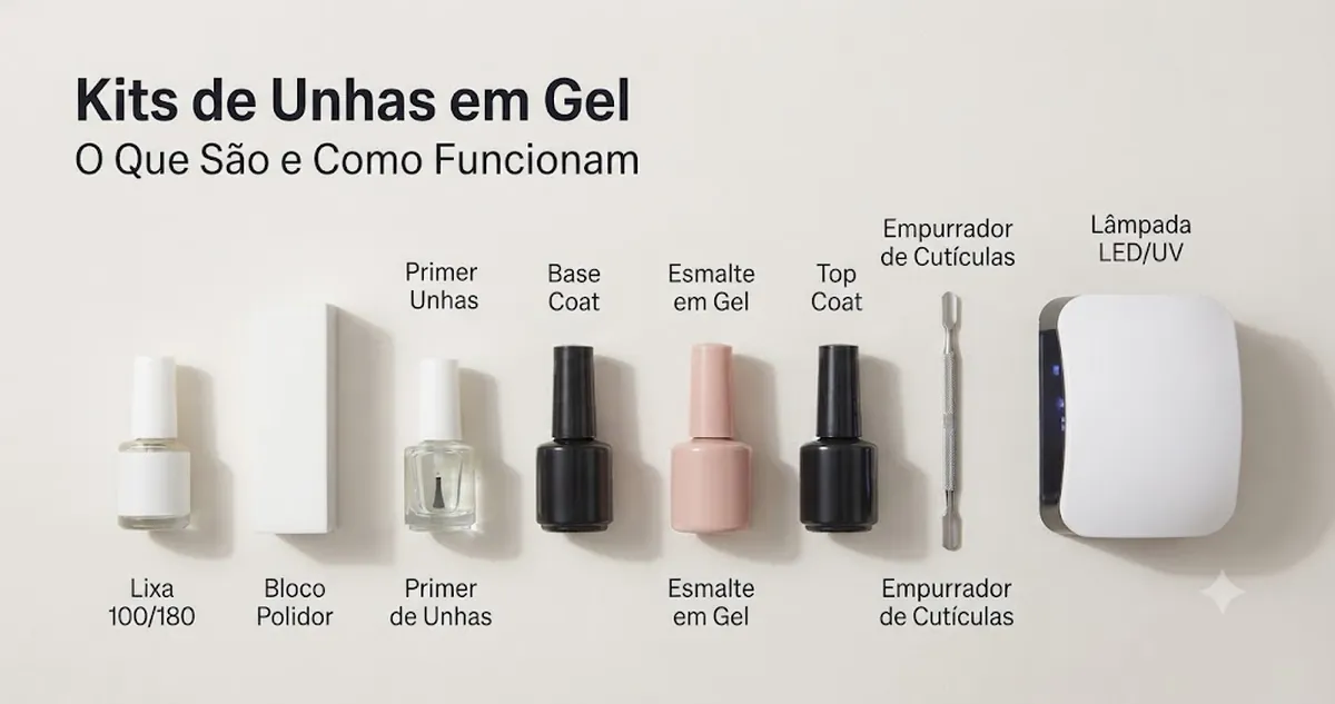 Partes de um kit de unhas em gel com esmalte, cabine, base, top coat e ferramentas de preparação