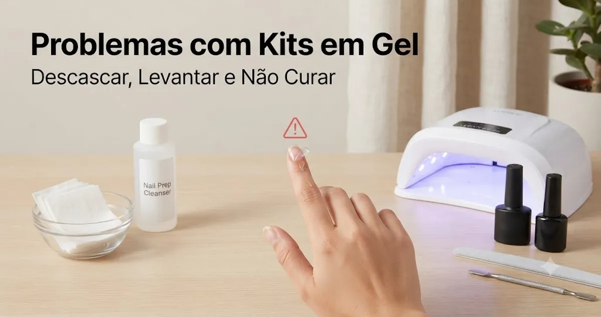 Problemas em unhas em gel com esmalte descascado, cabine de cura e ferramentas de preparação