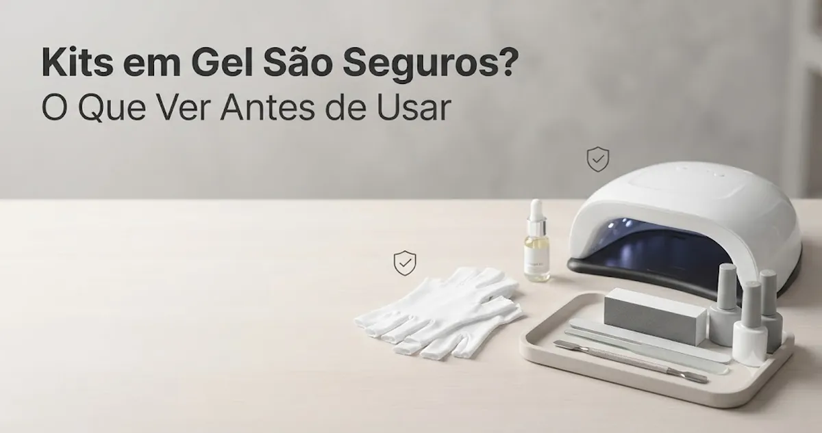 Preparação segura de um kit de unhas em gel com cabine de cura, luvas, óleo de cutícula e ferramentas organizadas