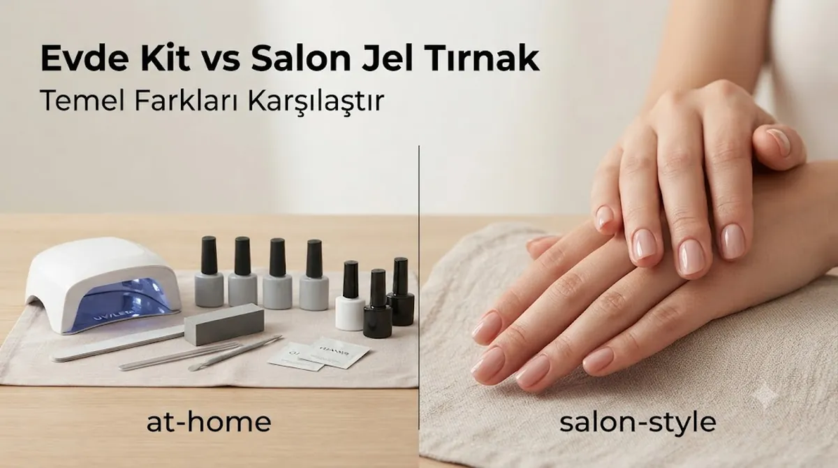 Ev tipi jel tırnak kiti yanında salon görünümünde tamamlanmış jel manikür sonucu