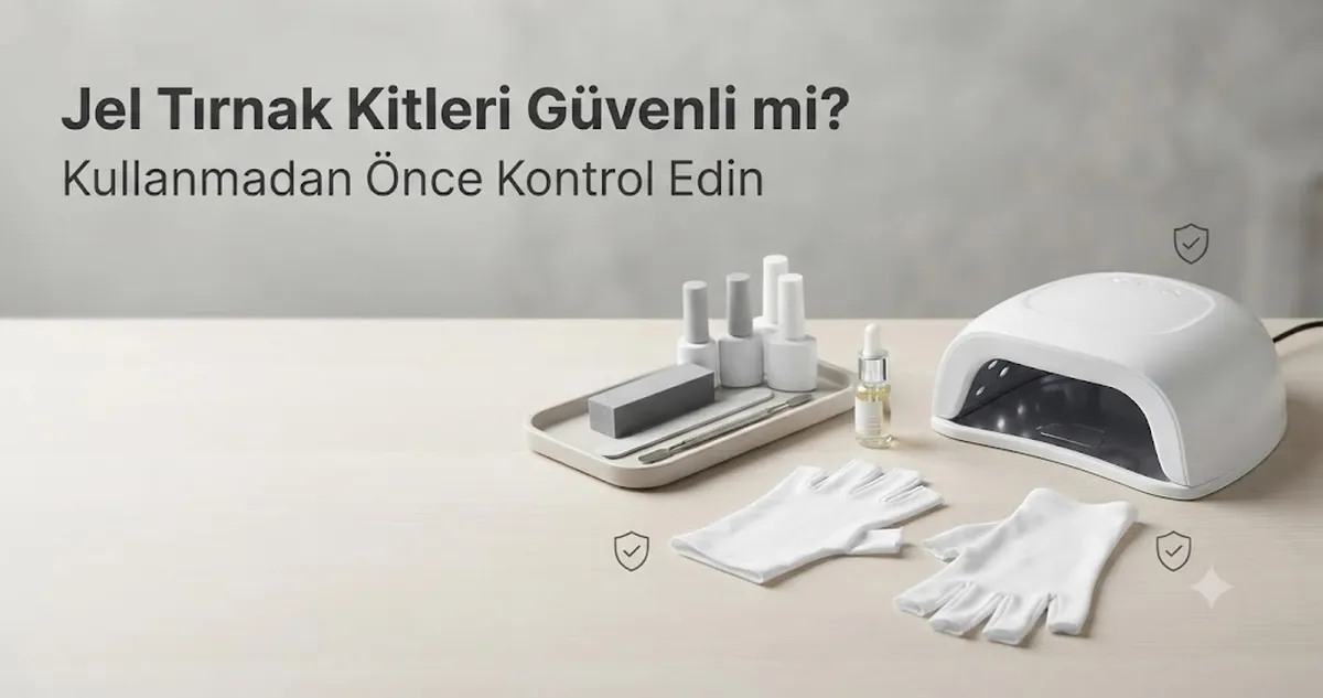 Kurutma lambası, eldiven, kütikül yağı ve düzenli manikür araçlarıyla güvenli jel tırnak kiti hazırlığı