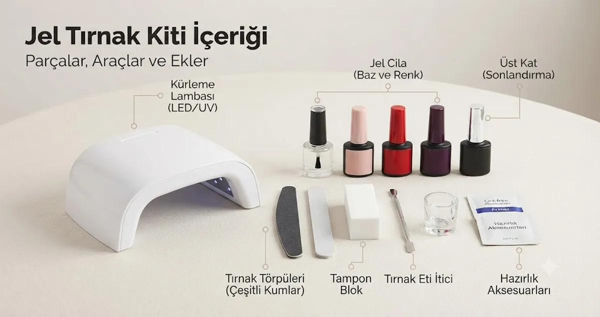 Kurutma lambası, jel ojeler, törpüler, tampon bloklar ve hazırlık aksesuarlarıyla açık jel tırnak kiti