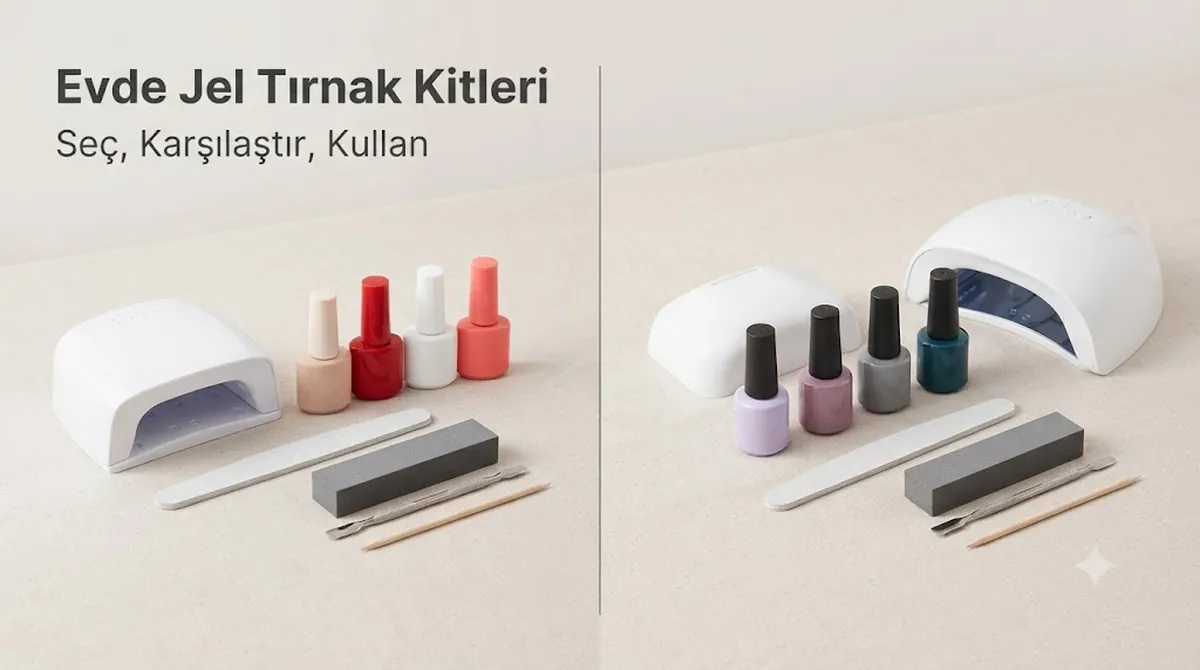 Lamba, jel oje şişeleri ve manikür araçlarıyla düzenlenmiş ev tipi jel tırnak kiti
