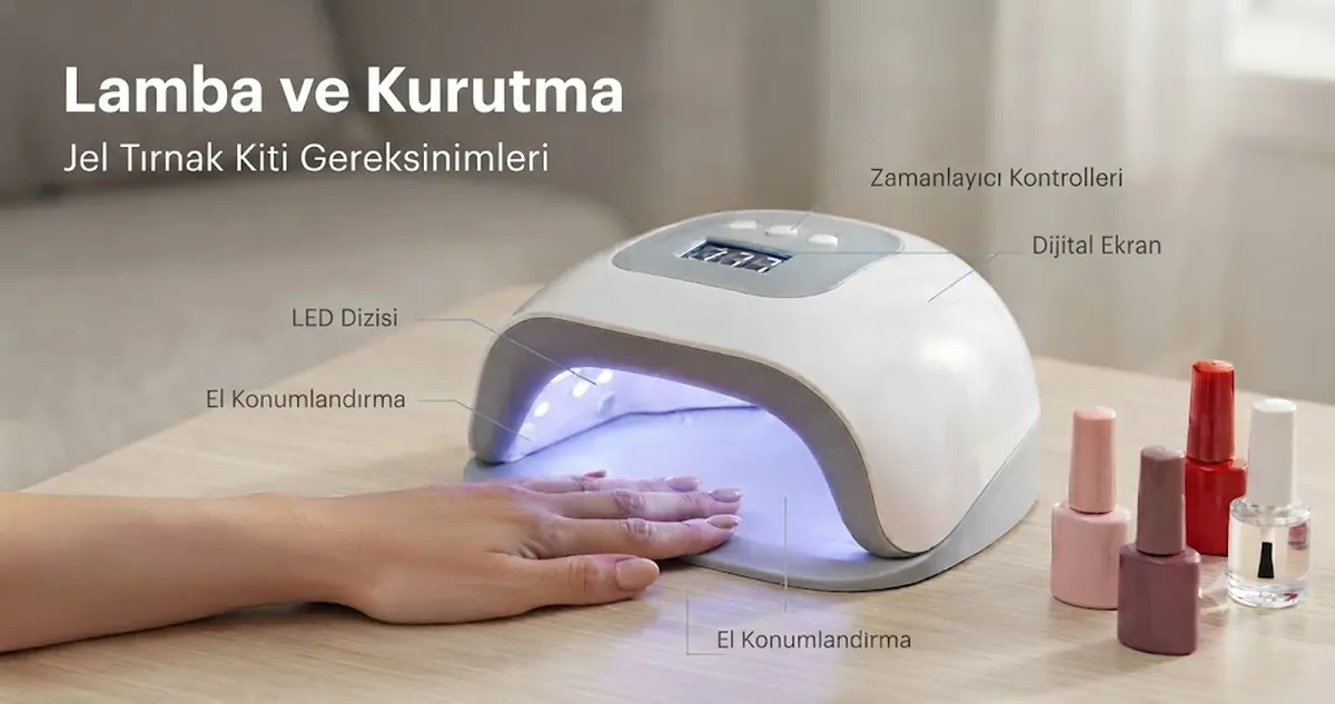 Jel oje şişeleri ve kurutma için yerleştirilmiş bir el ile jel tırnak kurutma lambası