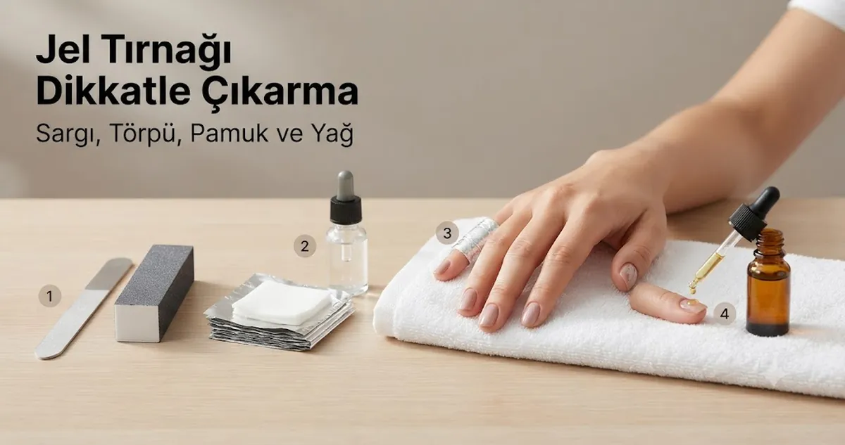Çıkarma sargıları, törpü, pamuk pedler ve kütikül yağıyla jel tırnak çıkarma hazırlığı