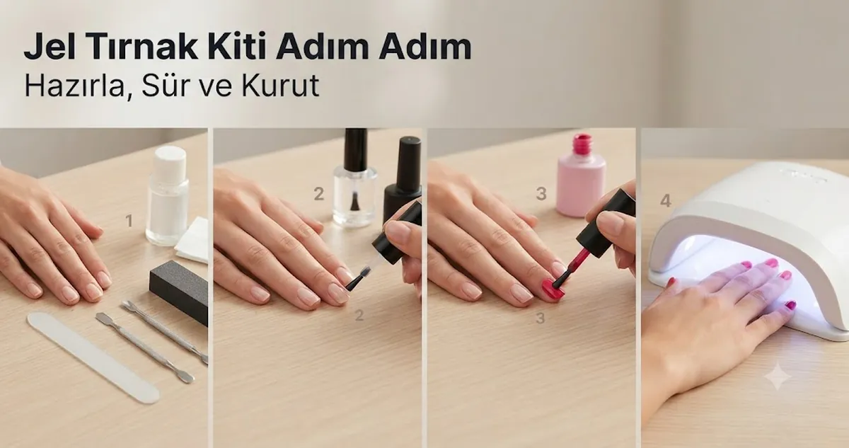 Hazırlık araçları, oje katları ve kurutma lambasıyla adım adım jel tırnak kiti uygulaması