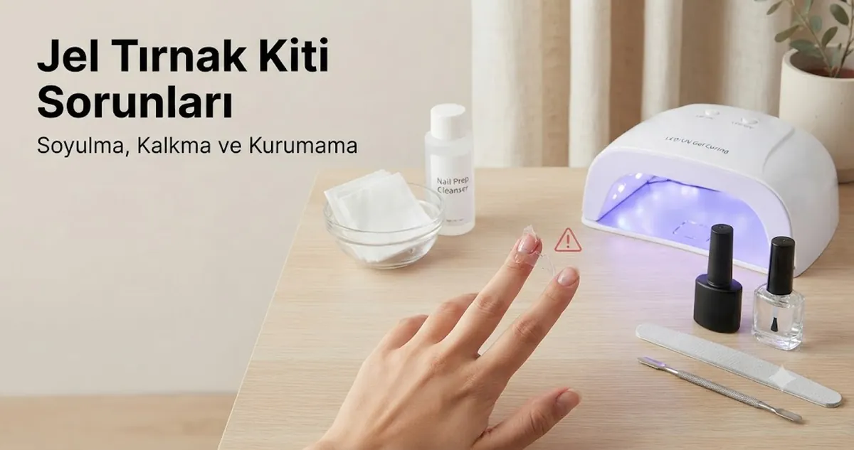 Soyulan jel oje, kurutma lambası ve tırnak hazırlık araçlarıyla jel tırnak sorunları