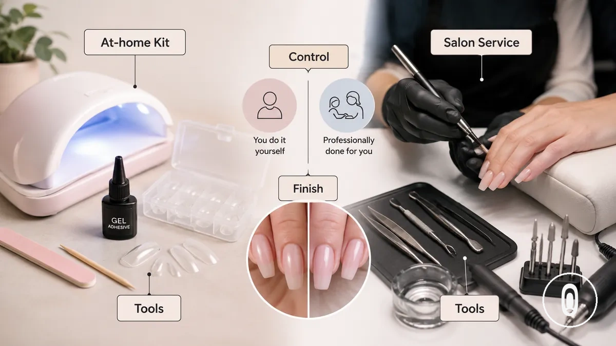 أطقم المنزل وتطويل الجل في الصالون مع أدوات الطقم ونتائج التطويل النهائية