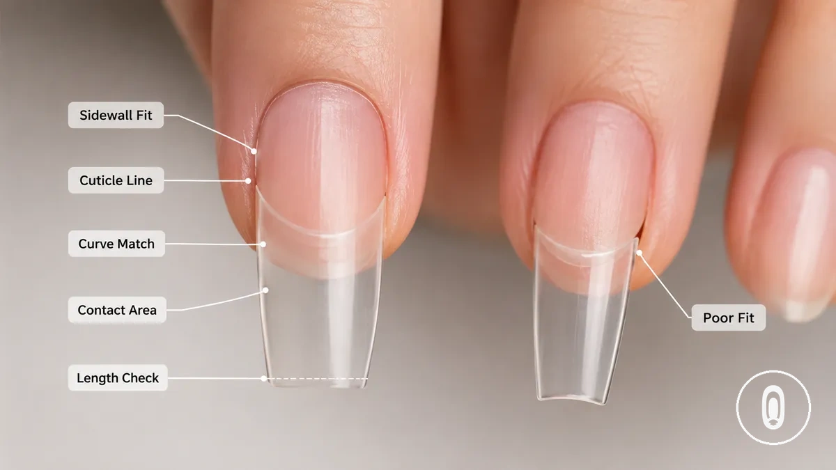 أطراف جل كاملة التغطية مطابقة للأظافر الطبيعية تظهر ملاءمة الجدار الجانبي والبشرة الصحيحة
