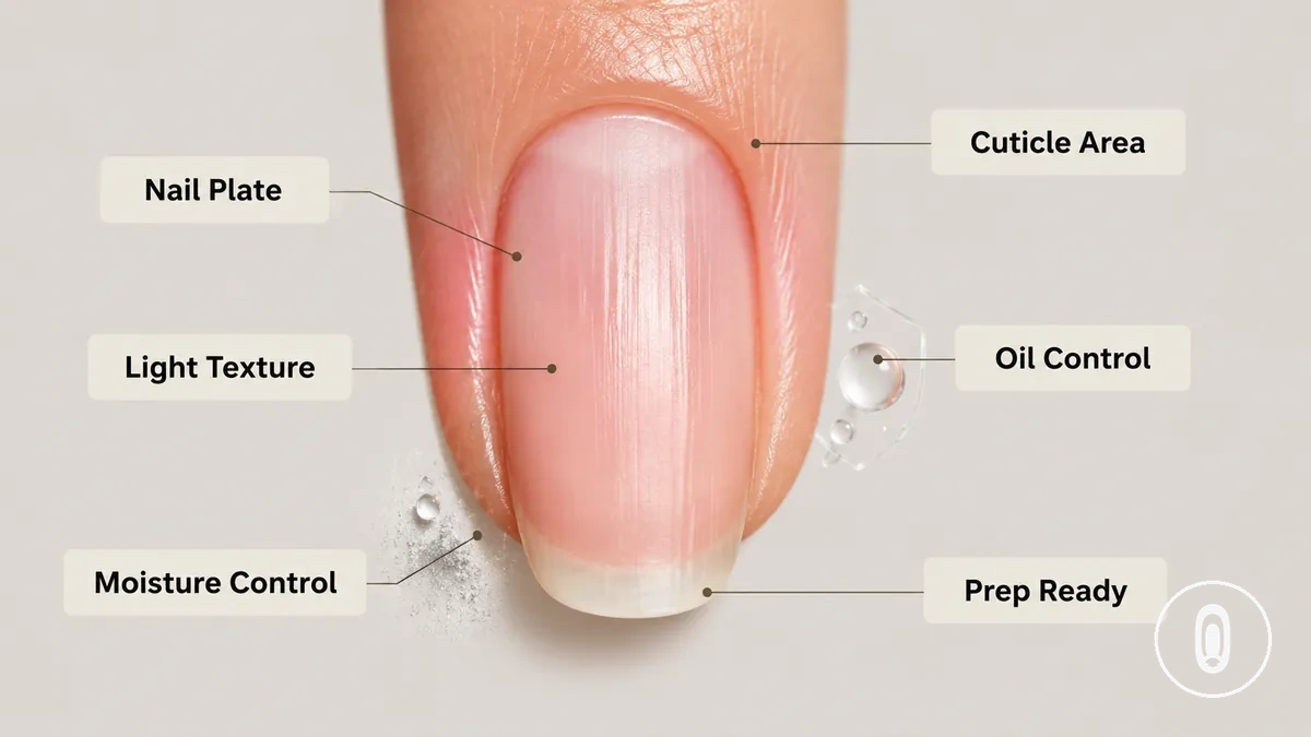 Beschrifteter Naturnagel mit Nagelplatte, Nagelhautbereich, leichter Oberflächenstruktur und Vorbereitungszielen vor Gel-Verlängerungen
