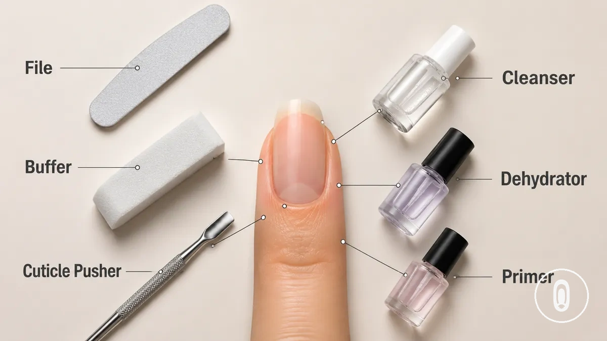 Nagelvorbereitungswerkzeuge und -produkte für Gel-Verlängerungen, darunter Feile, Buffer, Nagelhautschieber, Reiniger, Dehydrator und Primer
