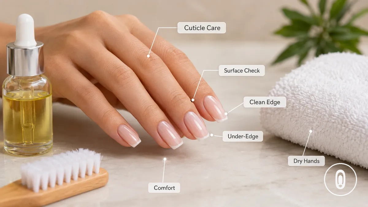 Tägliche Pflege für Gel-Verlängerungen mit Nagelhautöl, sanfter Reinigungsbürste und sauberen Nagelkanten
