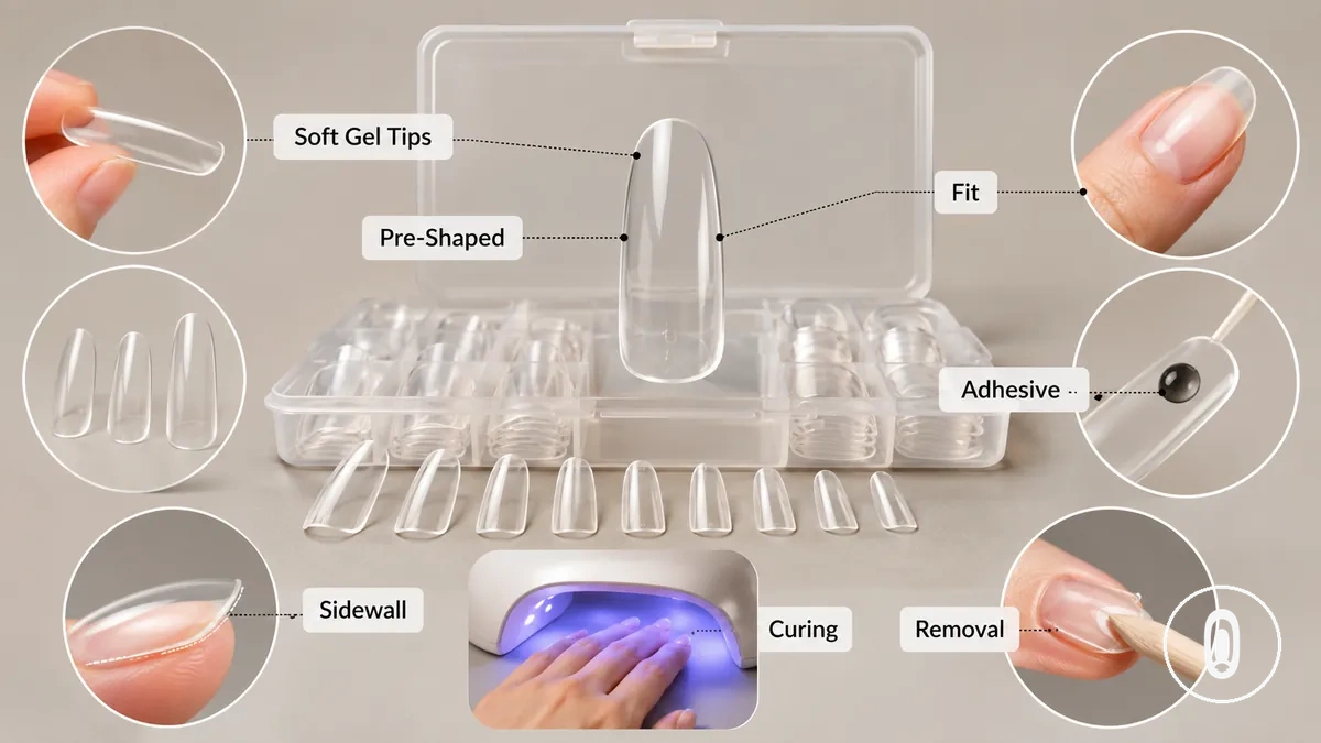 Full-Cover-Soft-Gel-Tip-Set mit vorgeformten Gel-Tips, Naturnagel-Passformbereich, Gel-Kleber, Aushärtungslampe und Seitenwandabdeckung