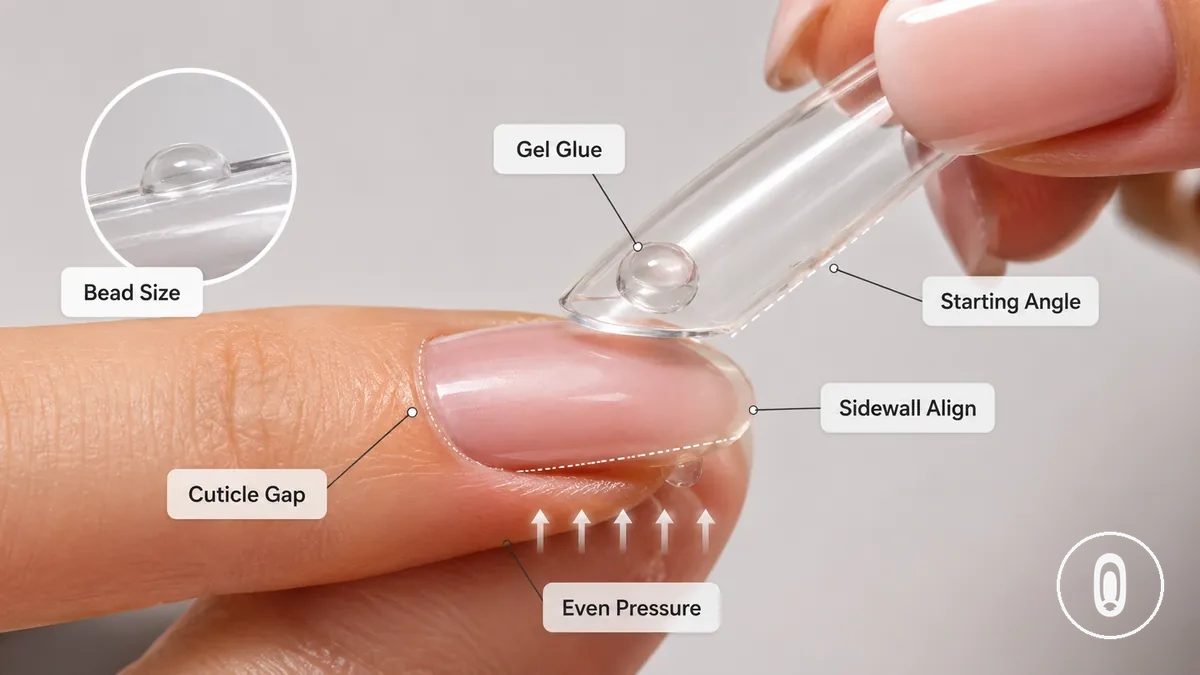 Auftragen von Gel-Kleber und Platzieren eines Gel-Tips mit Vollabdeckung auf einem vorbereiteten Nagel