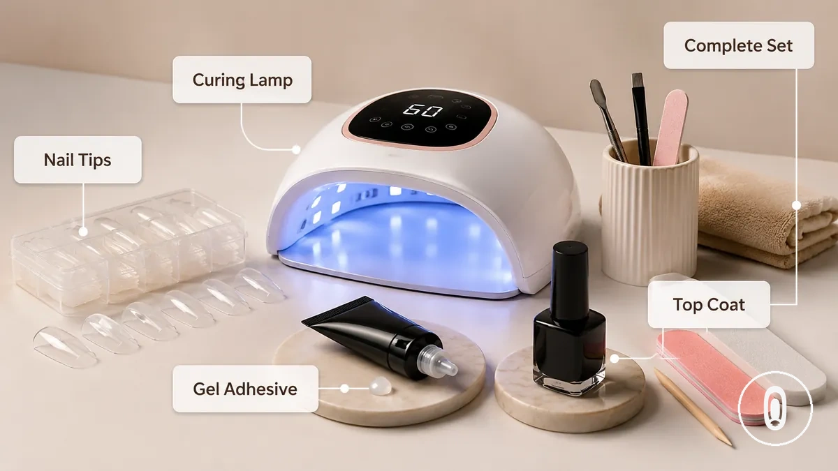 Kernartikel eines Gel-Nagelverlängerungssets für zu Hause mit Lampe, Spitzen, Gelkleber und Abschlussprodukten