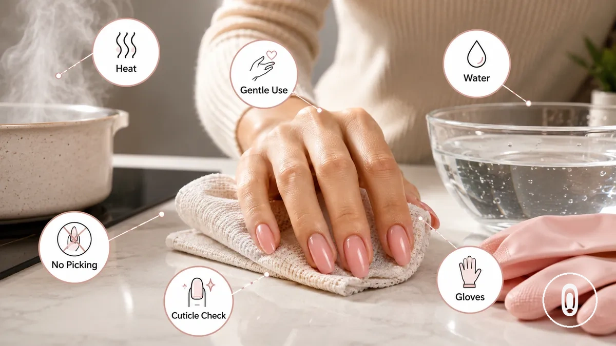 Nachsorge am ersten Tag für neue Gel-Nagelverlängerungen mit sanfter Handhabung und vermiedenen Belastungen